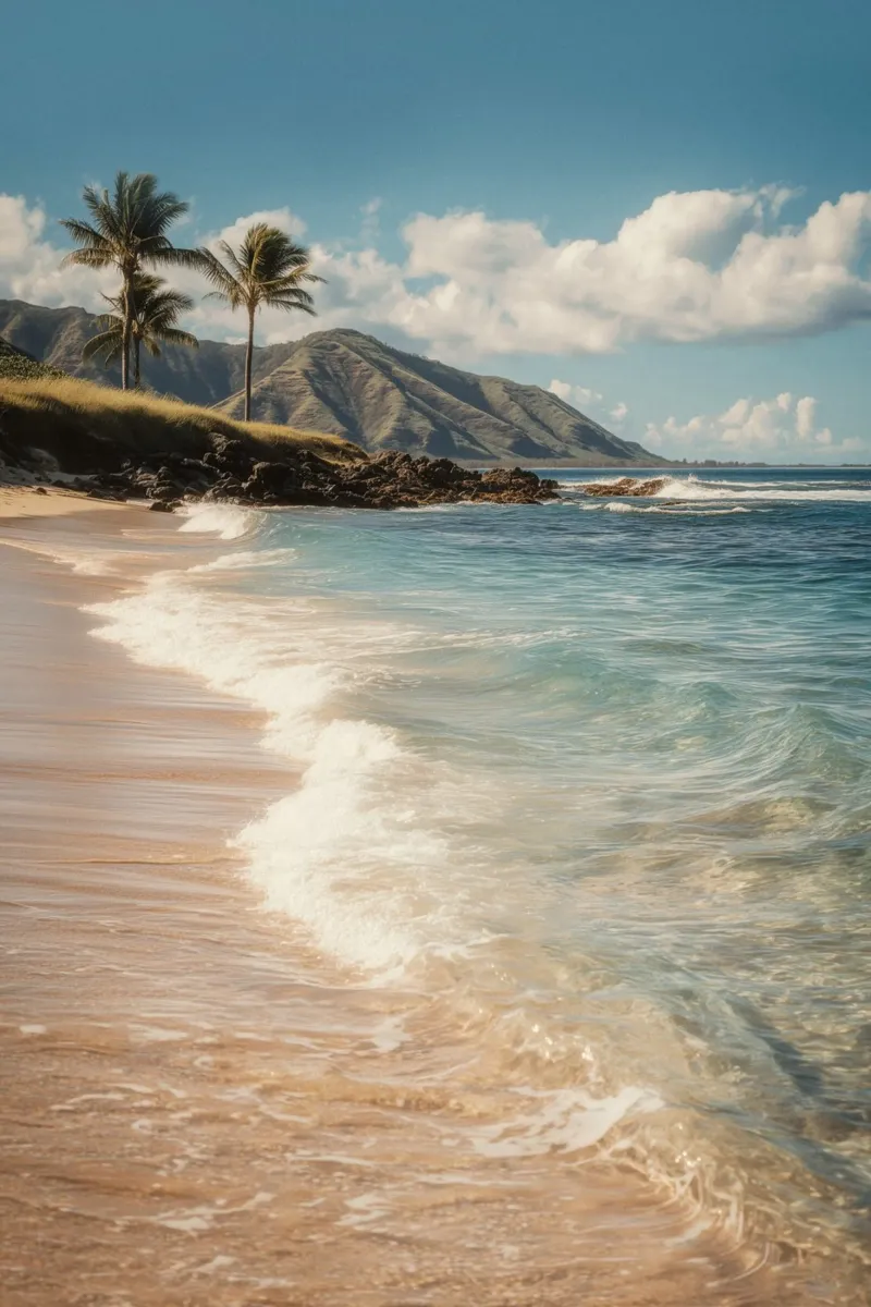 Spiaggia tropicale delle Hawaii con le palme pellicola backlit da Indigo Tides Art