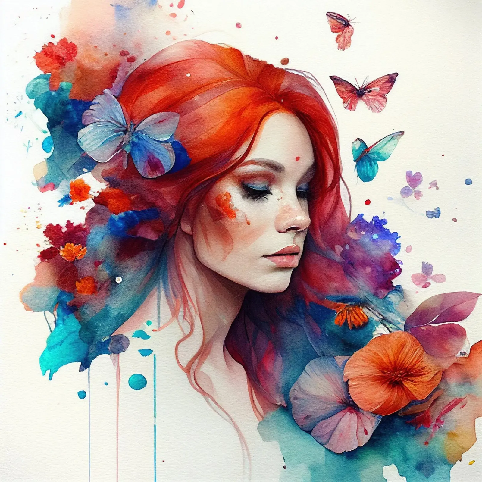 Aquarel Bloemen Rood Haar Vrouw canvas met Baklijst van Chromatic Fusion Studio