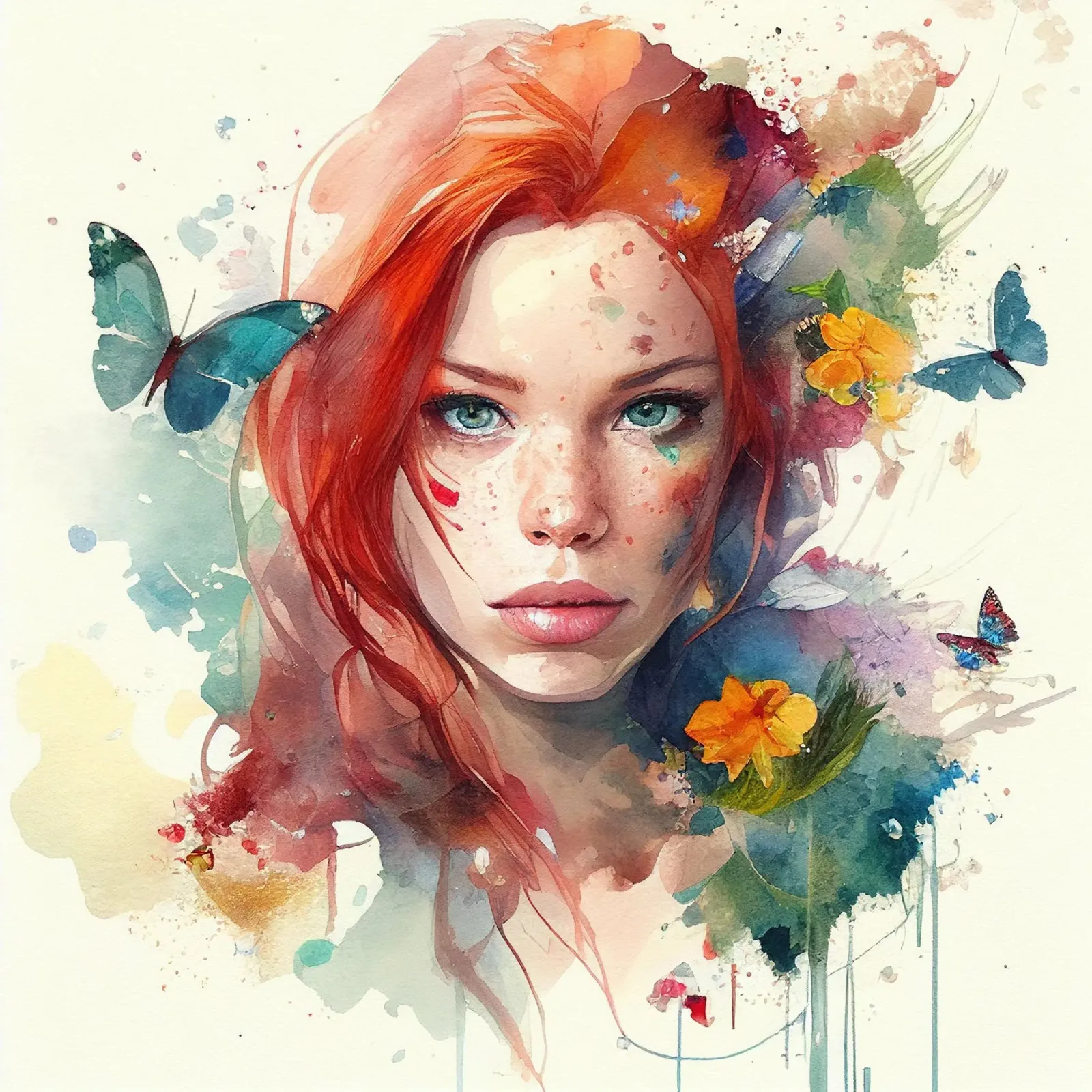 Aquarel Bloemen Rood Haar Vrouw canvas met Baklijst van Chromatic Fusion Studio