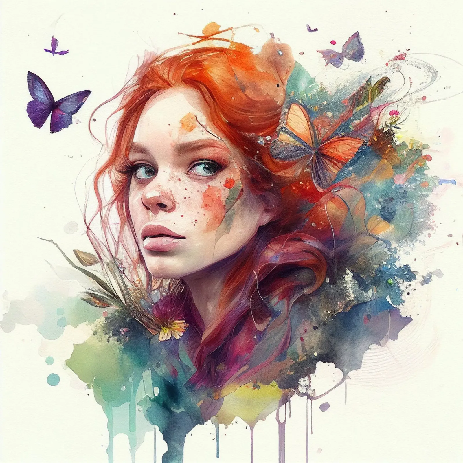 Aquarel Bloemen Rood Haar Vrouw canvas met Baklijst van Chromatic Fusion Studio
