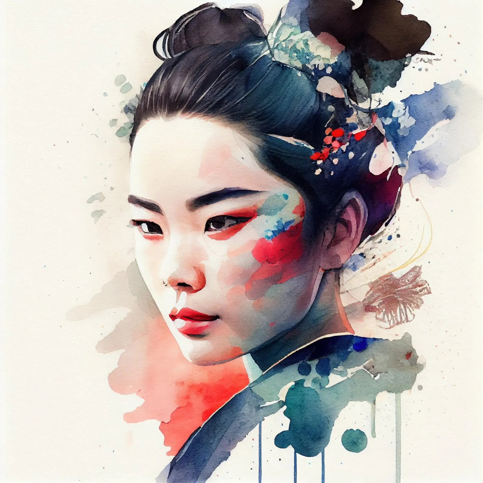 Geisha moderna ad acquerello pellicola backlit da Chromatic Fusion Studio