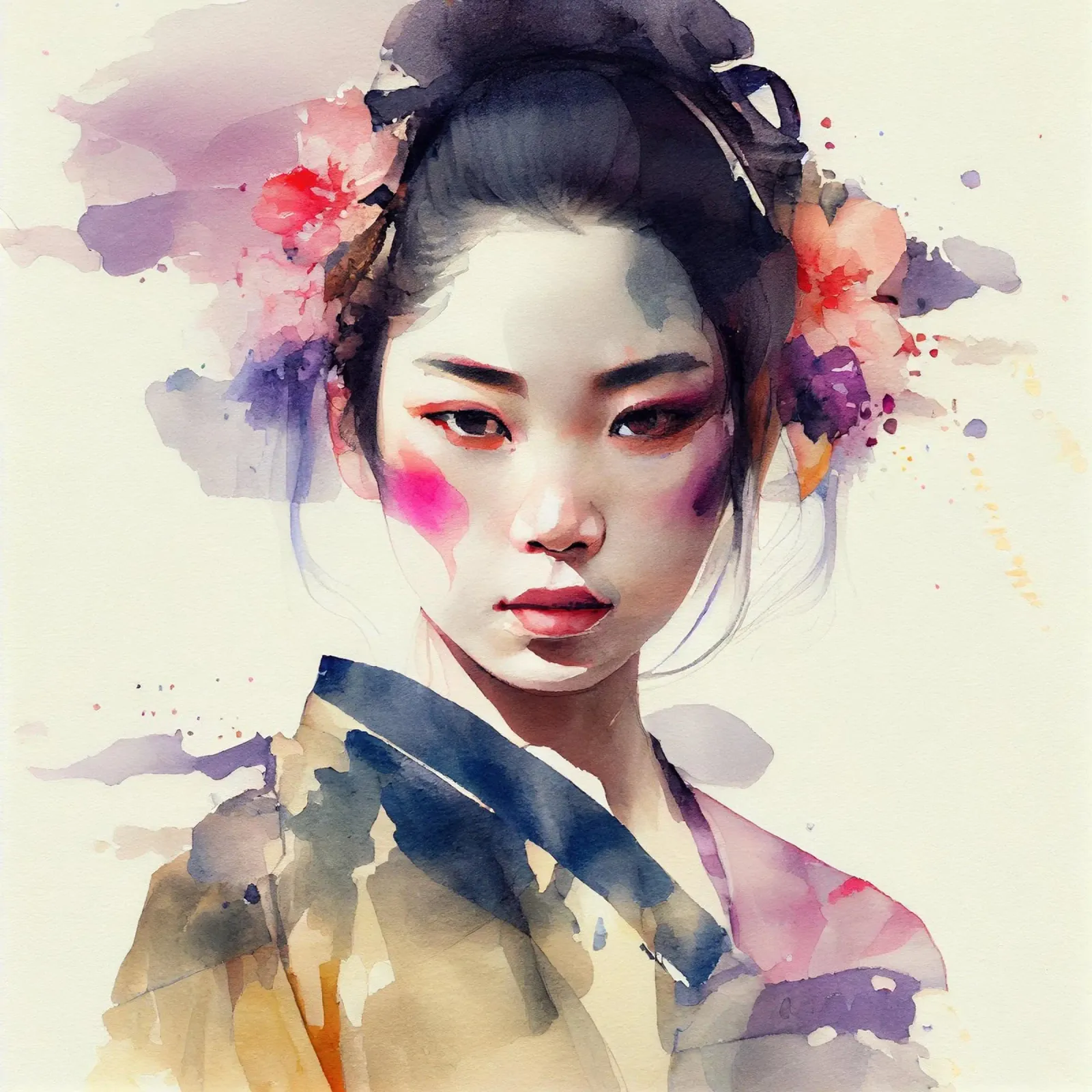 Geisha moderna ad acquerello pellicola backlit da Chromatic Fusion Studio