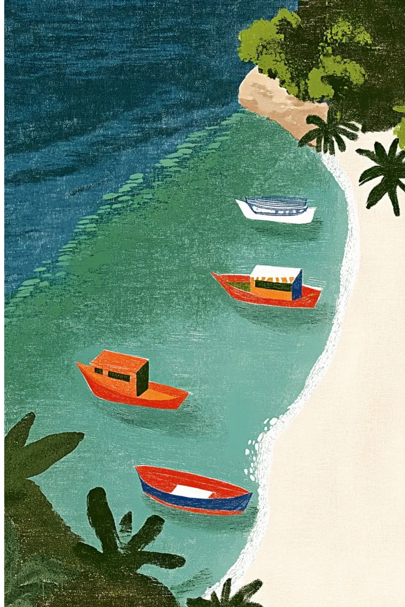 Barche da pesca dei Caraibi poster con telaio in legno da Curious Canvas