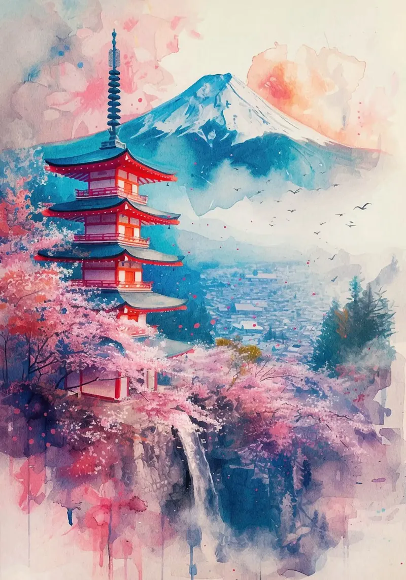 pagoda fiori di ciliegio montagna cielo uccelli cascata alberi poster con telaio in alluminio da minerva santiago