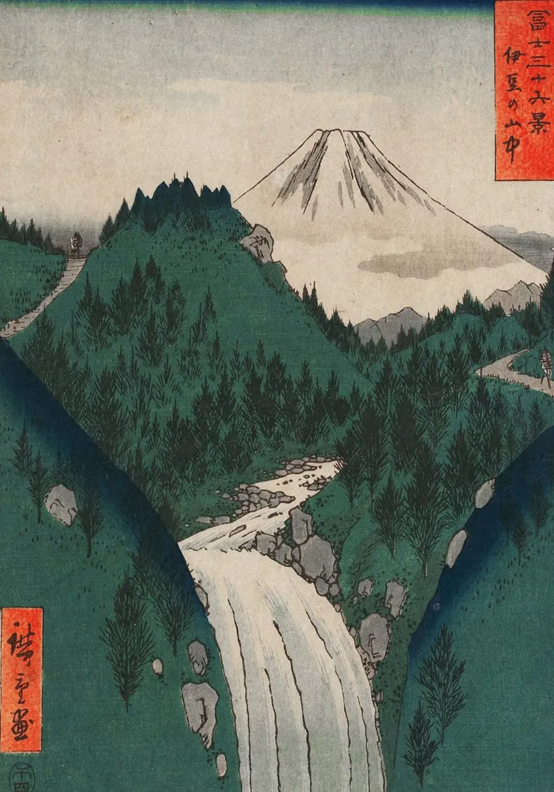 montagna cascata fiume alberi foresta sentiero neve natura poster con telaio in legno da minerva santiago