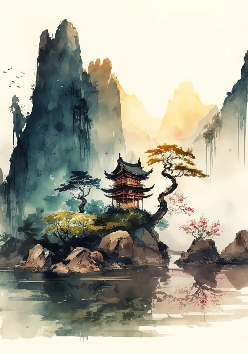 pagoda mountains lake trees reflection mist clouds rocks tra poster by Hien T Huynh