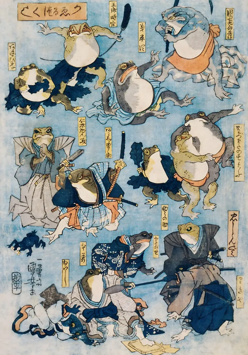 Frogs as Famous Heroes of the Kabuki Stage tela con Cornice a cassetta da GoArt