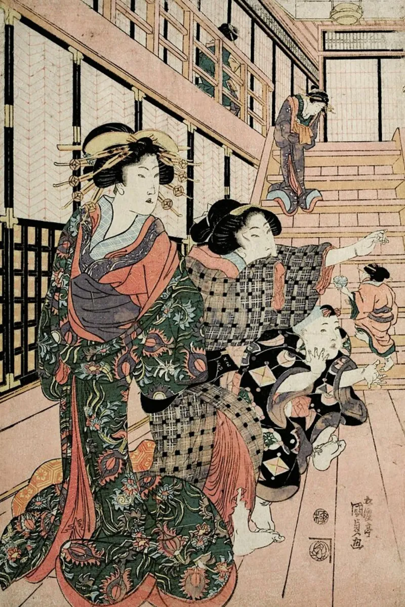 Kunisada - Courtesans, Their Servants and Students Playing Blind Man's Buff carta hahnemühle da ARTOTHEK