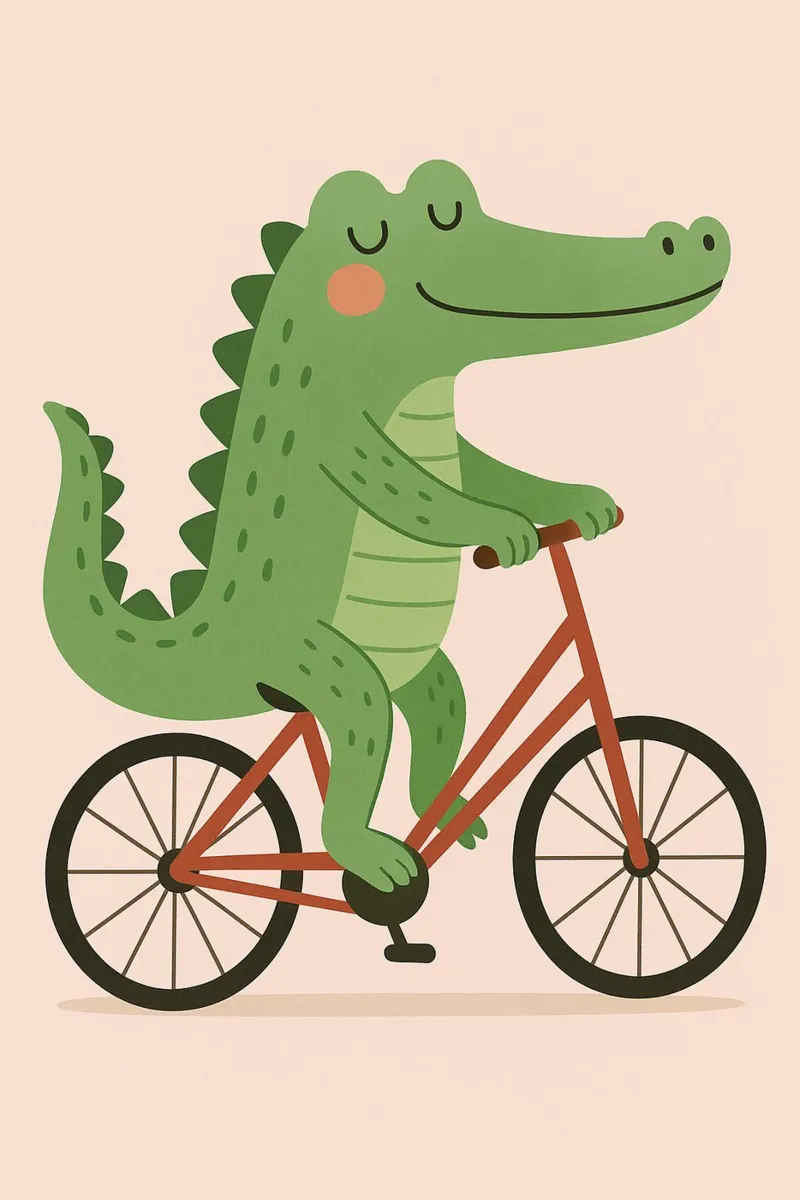 Cocodrilo en bicicleta - Animales para niños poster con marco de plástico de Tiny Tails & Stripes