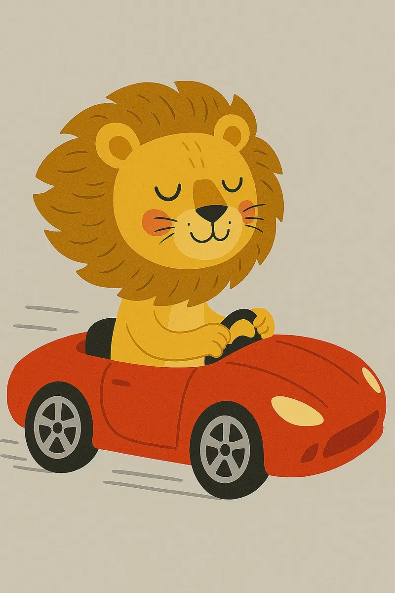 Lion conduisant une voiture de sport rouge - Kids Animals poster avec cadre en plastique de Tiny Tails & Stripes