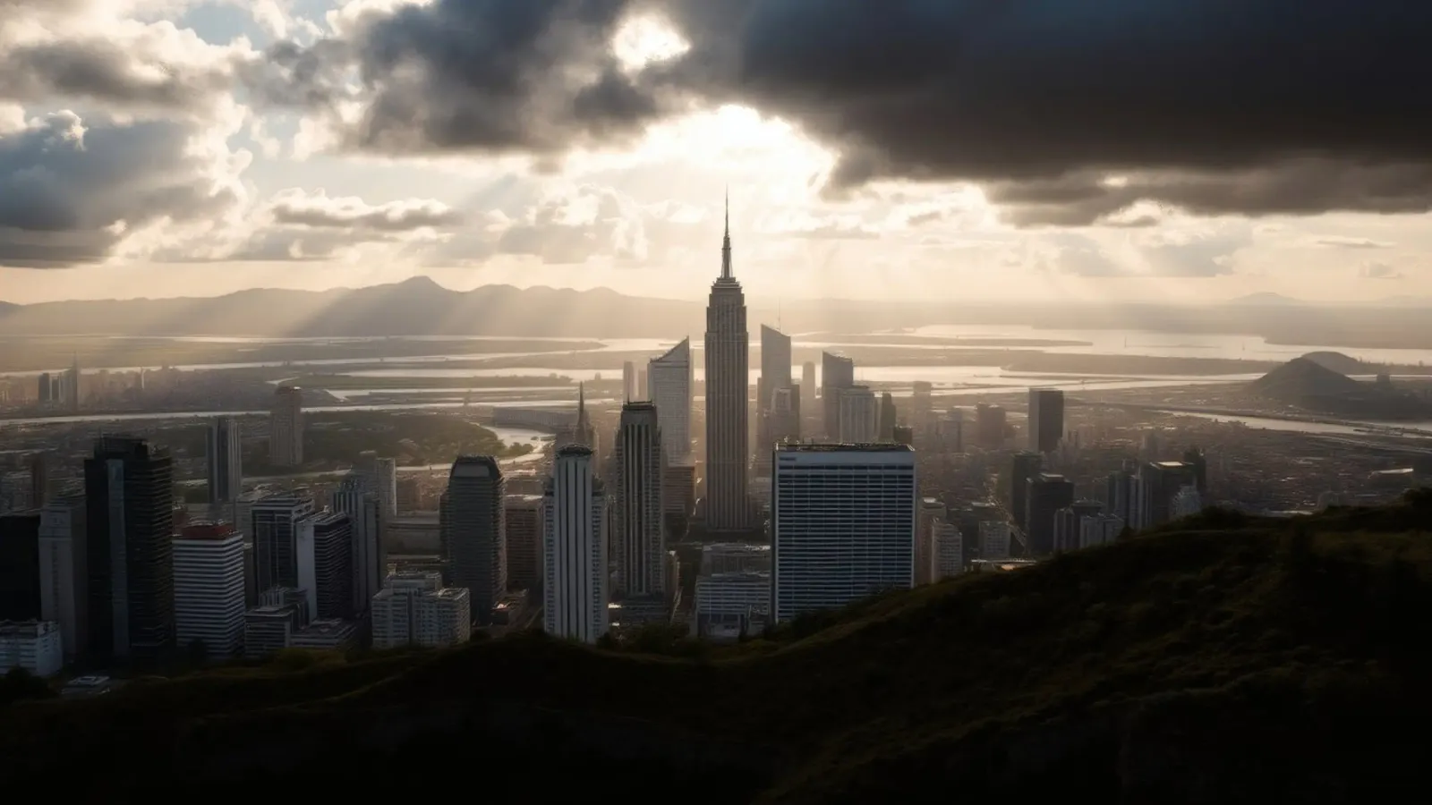 Il vibrante tramonto illumina lo skyline di una città con un'atmosfera drammatica. pellicola backlit da DesignDoodle