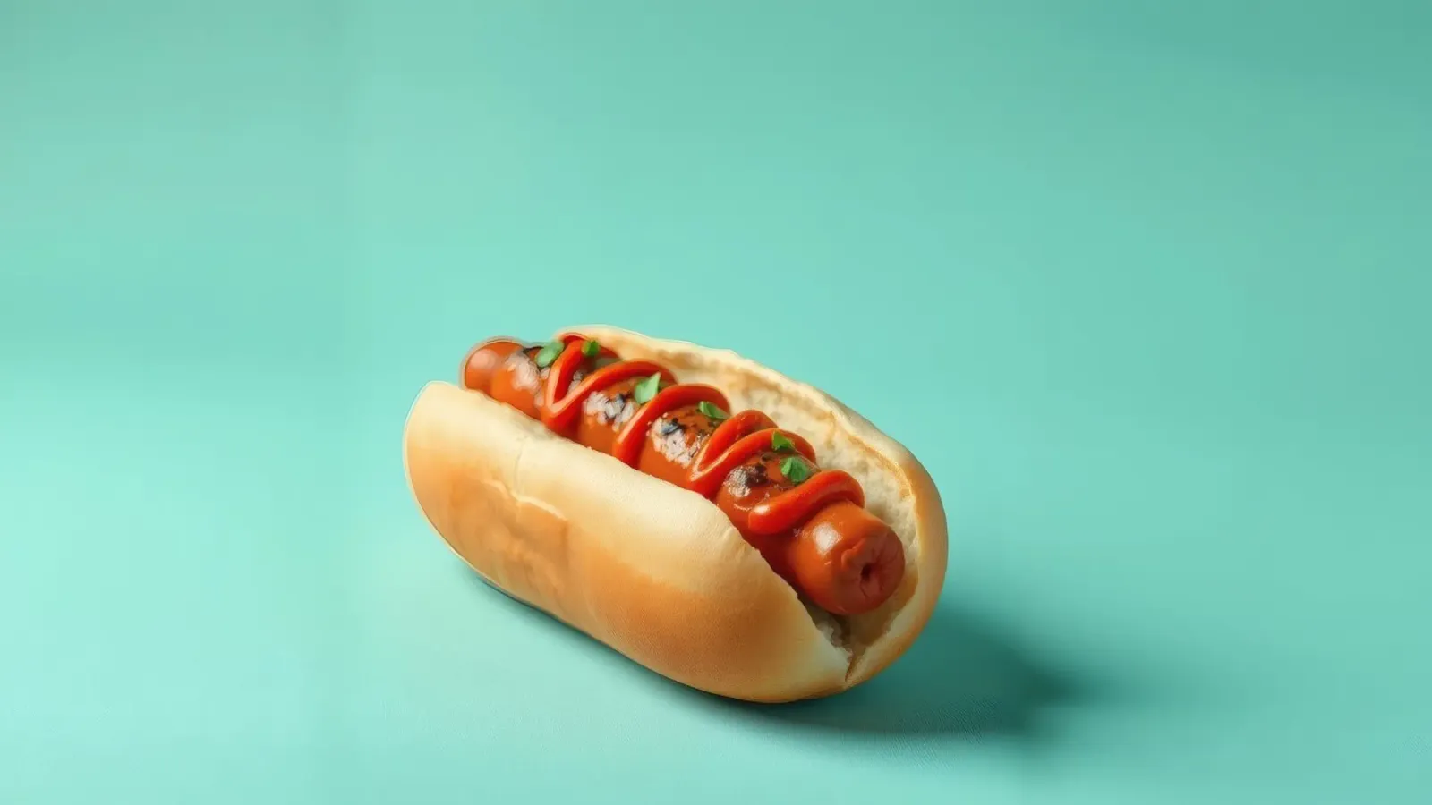 Delicioso perrito caliente cubierto con ketchup y hierbas colocado en un aluminio dibond de DesignDoodle