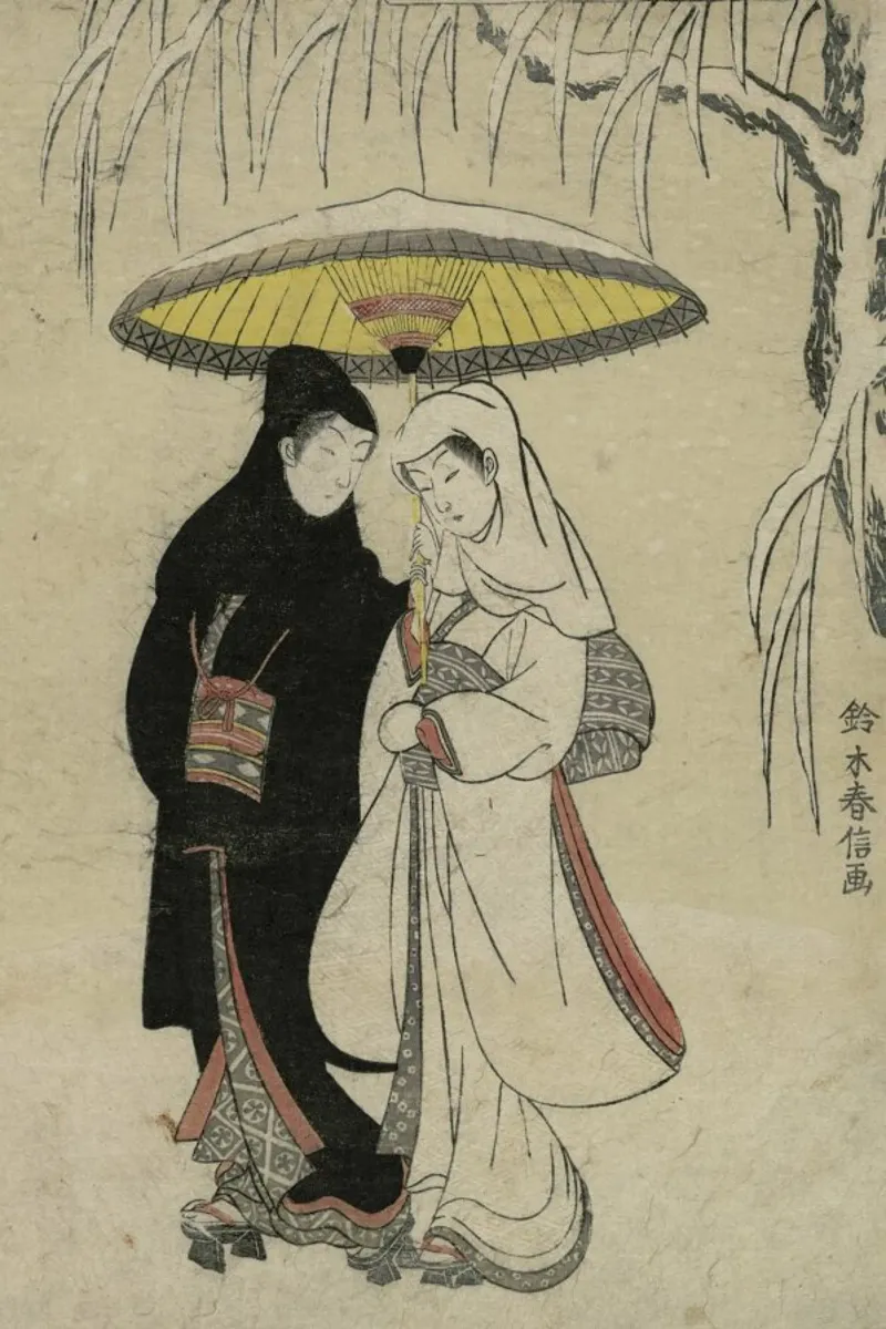 Harunobu - Lovers Under an Umbrella in the Snow pellicola backlit da ARTOTHEK