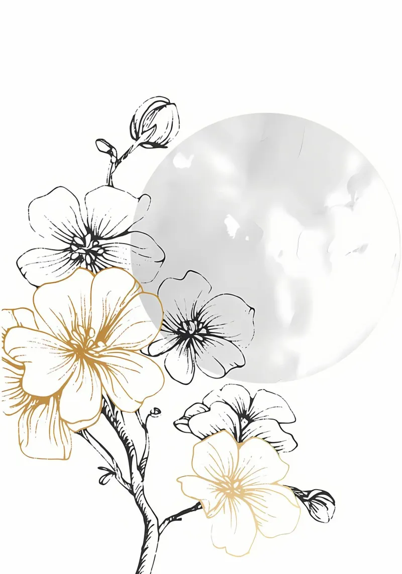 fiori luna rami fiori steli natura poster con telaio in legno da Ashish Kashyap