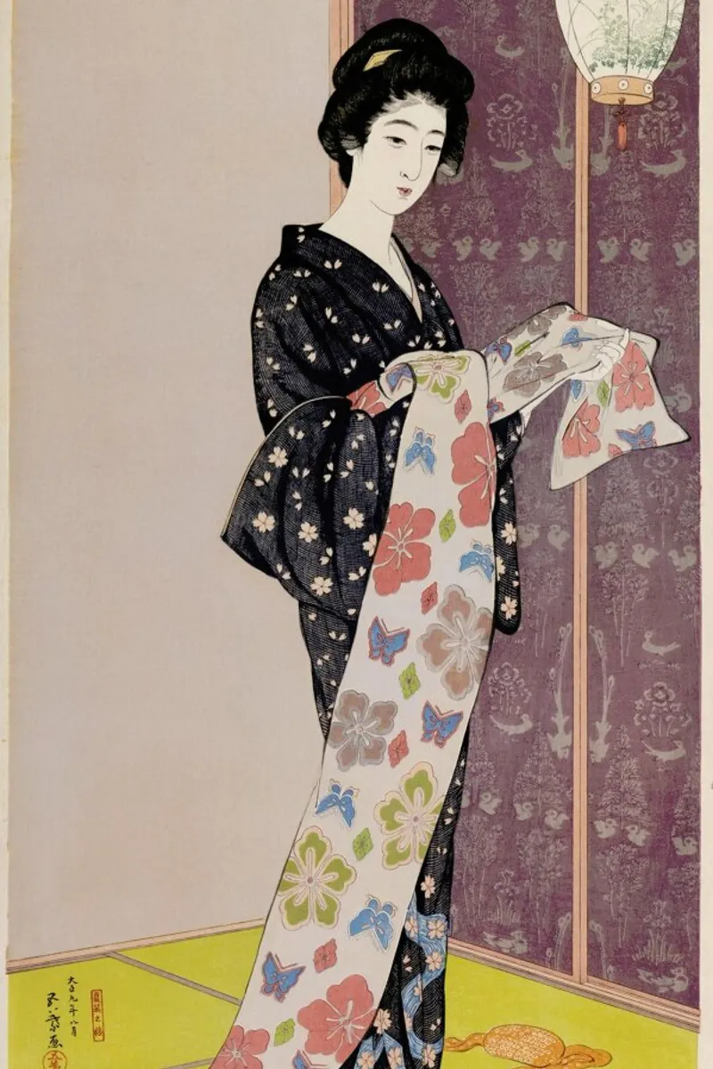 Hashiguchi - Young Woman in a Summer Kimono (Dai-oban tate-e) poster con telaio in alluminio da ARTOTHEK