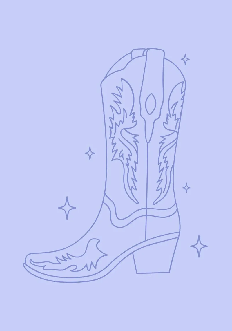 Ilustración minimalista de bota vaquera occidental en azul metacrilato de pdigitalprints