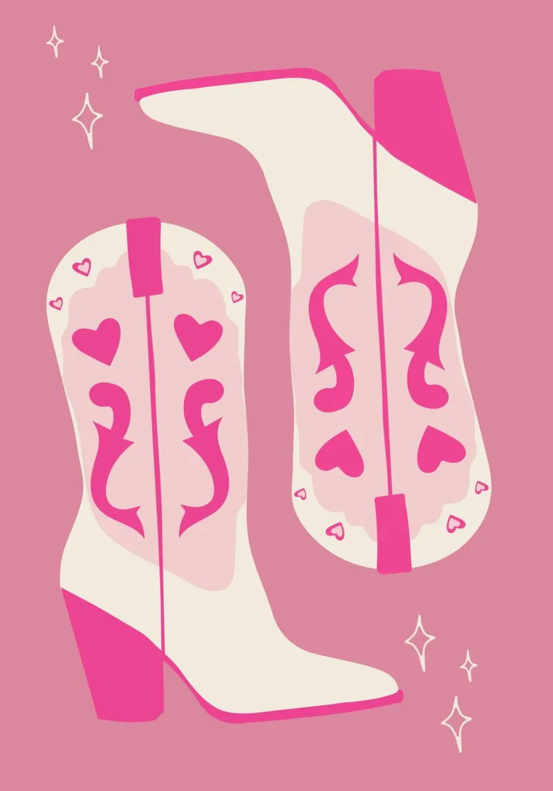 Ilustración de botas vaqueras western rosas con corazones poster con marco de plástico de pdigitalprints