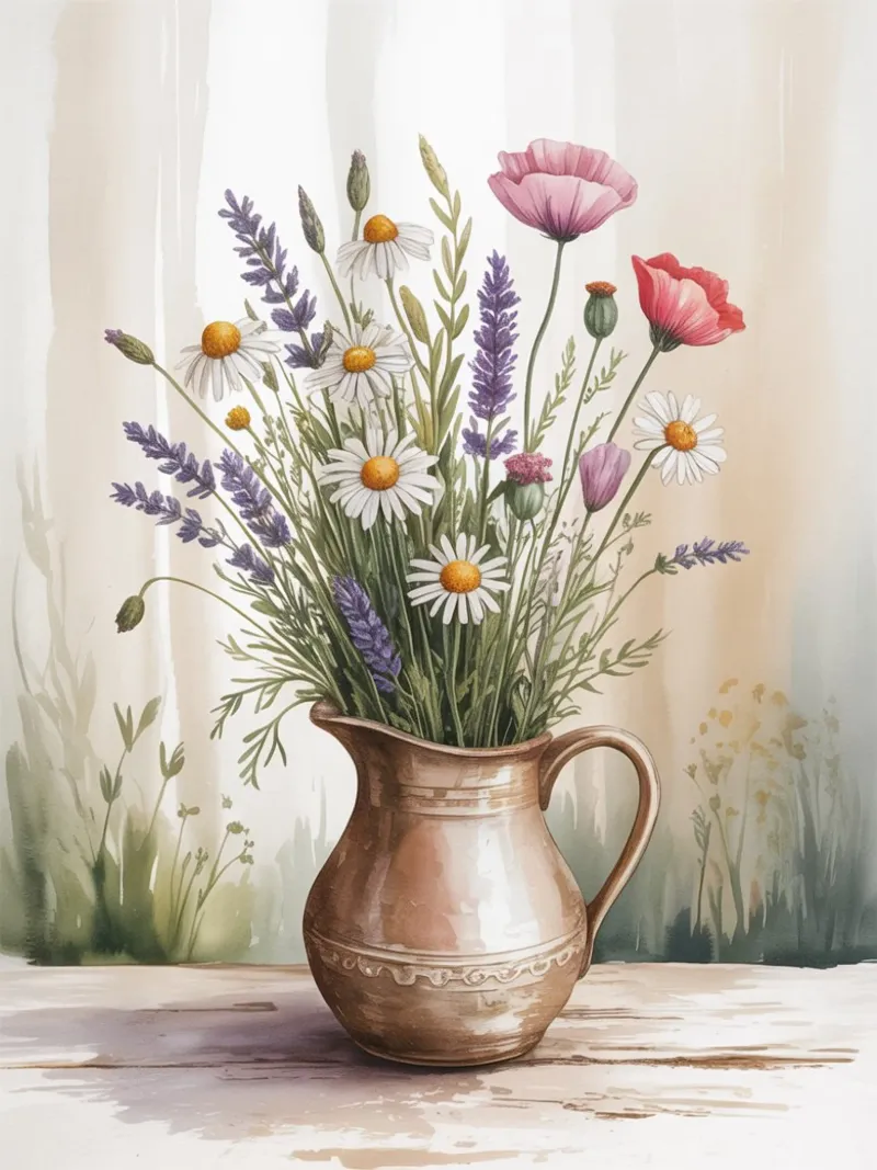 Boeket wilde bloemen - Aquarel Botanische Kunstdruk canvas met Baklijst van logic