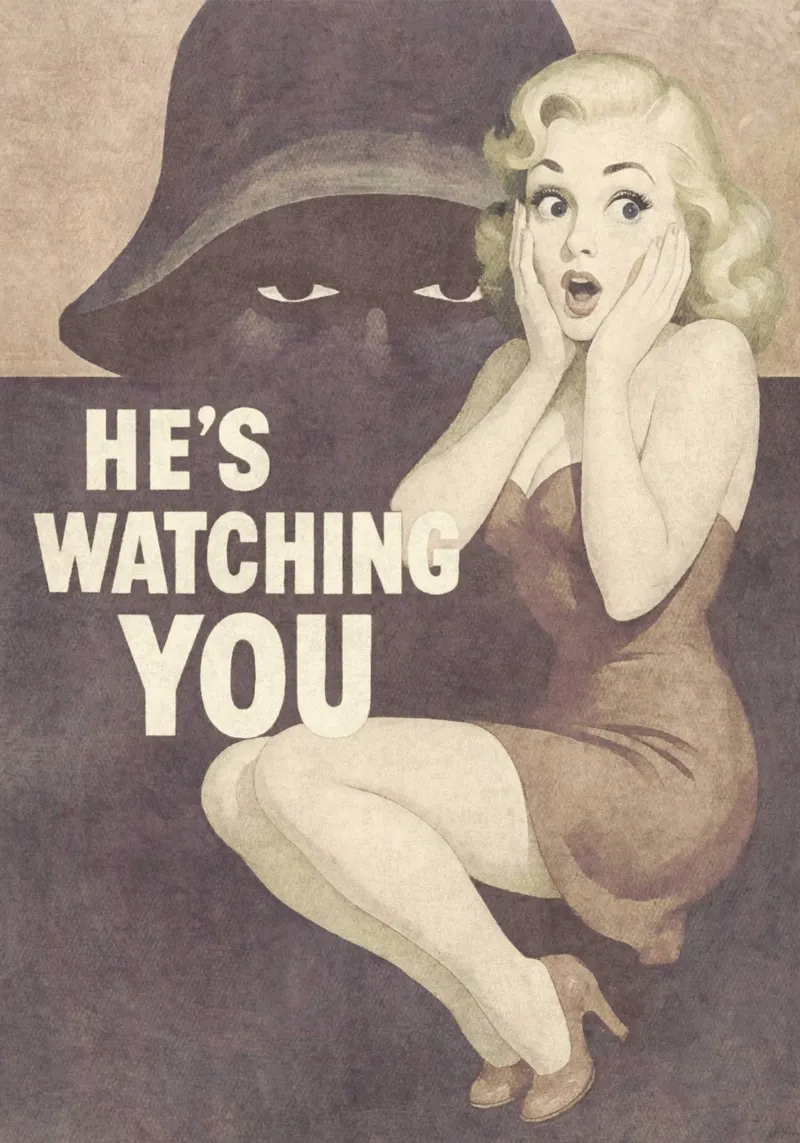Poster Pinup d'epoca contro lo spionaggio: ti sta osservando alluminio dibond da Hecate Pim Designs