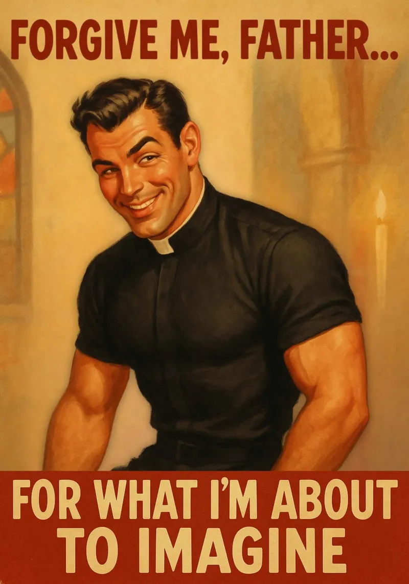 Pardonnez-moi mon père, affiche de pin-up masculine alu dibond de Hecate Pim Designs