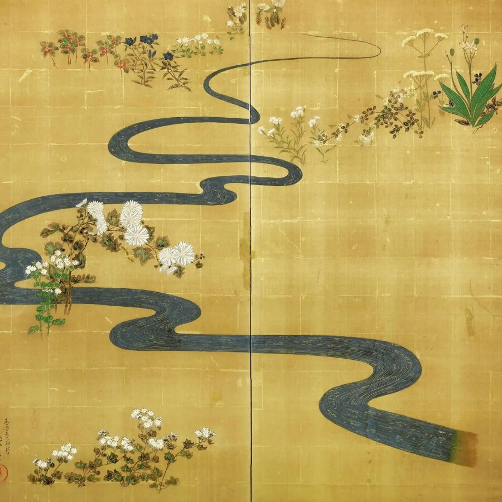A Stylised Stream Flowing Amongst Autumn Flowers tela con Cornice a cassetta da ARTOTHEK