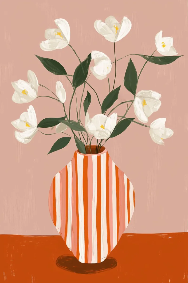 Fiori bianchi in vaso a righe Arte pellicola backlit da Melloi Art Print