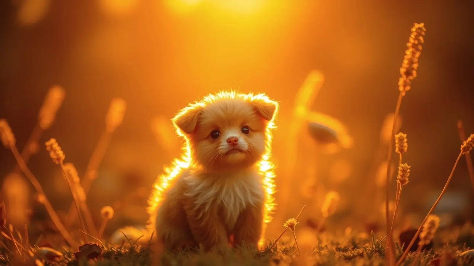 Small fluffy puppy sitting in golden sunlight with wildflowe canvas with Floater frame by DesignDoodle