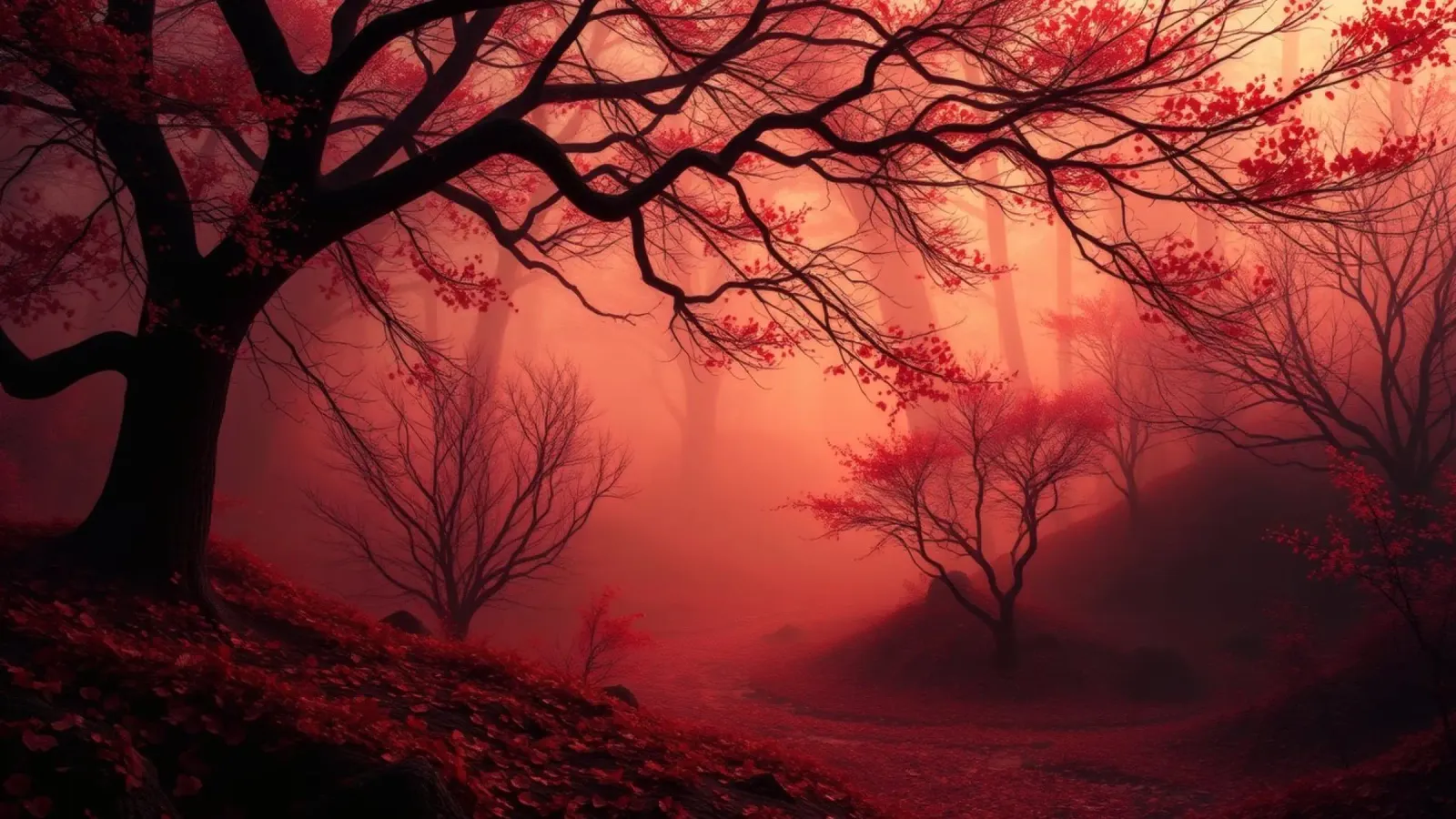 foresta autunnale avvolta nella nebbia con fogliame rosso fuoco pellicola backlit da DesignDoodle