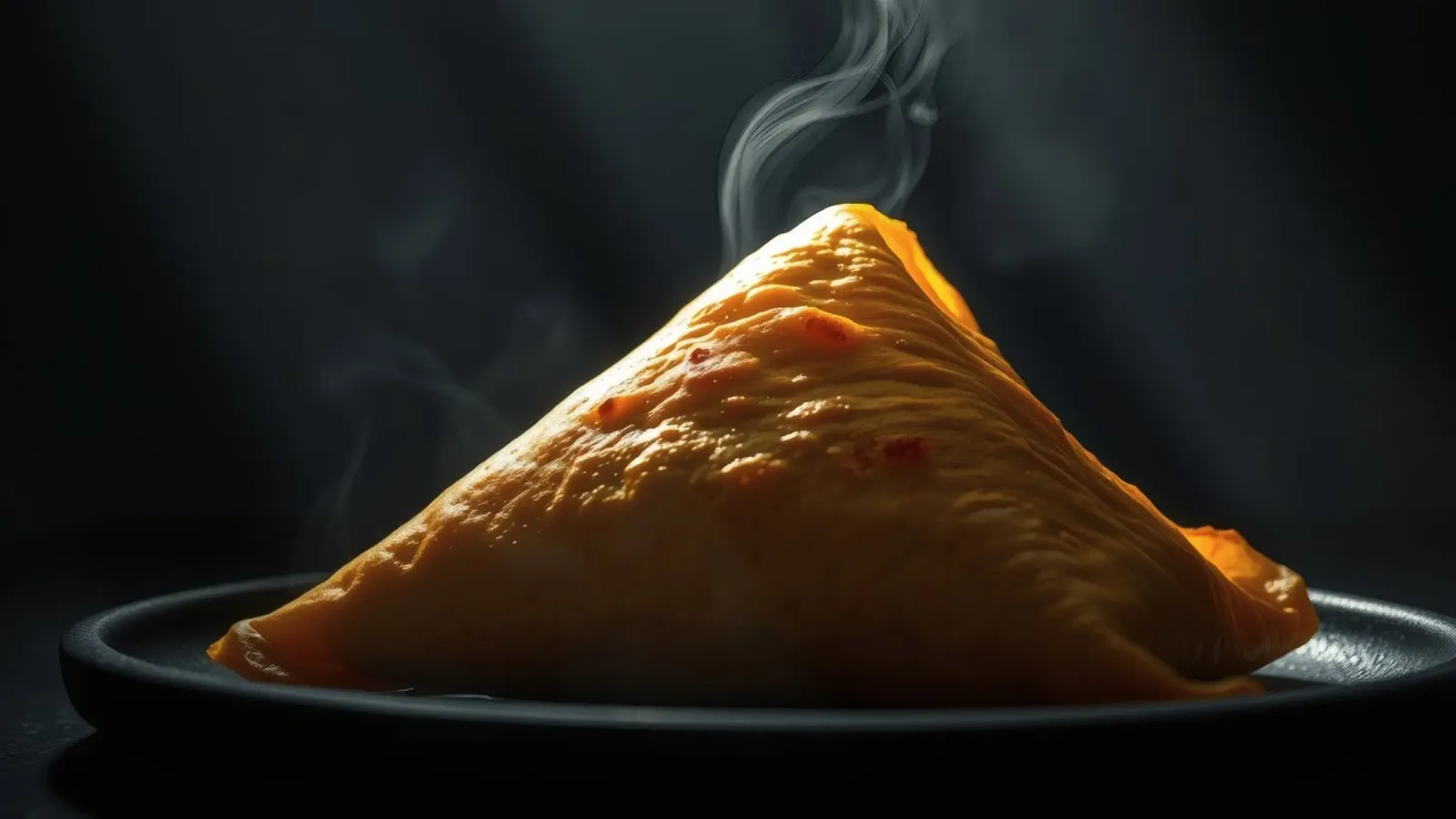 Samosa caldi e fumanti esposti su un piatto nero, in chiaro scuro pellicola backlit da DesignDoodle