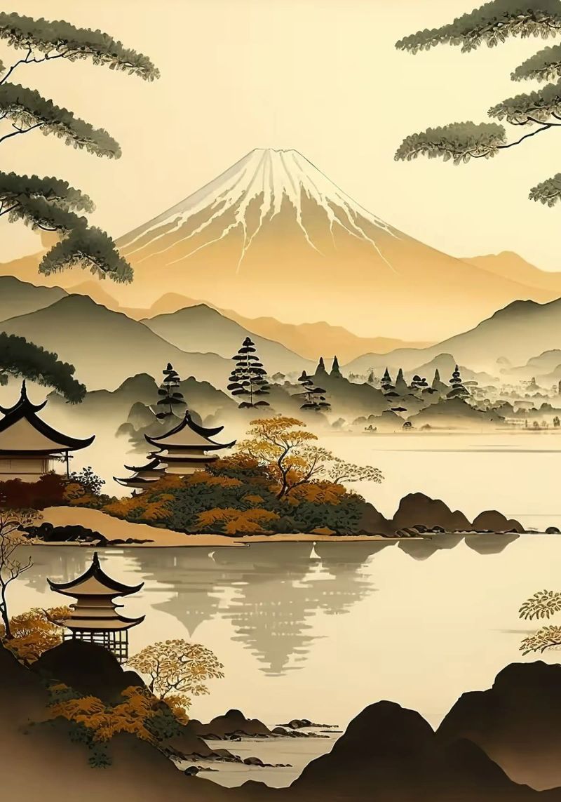 montaña árboles lago pagoda reflejo nubes otoño poster de Gloria A Kifyuk