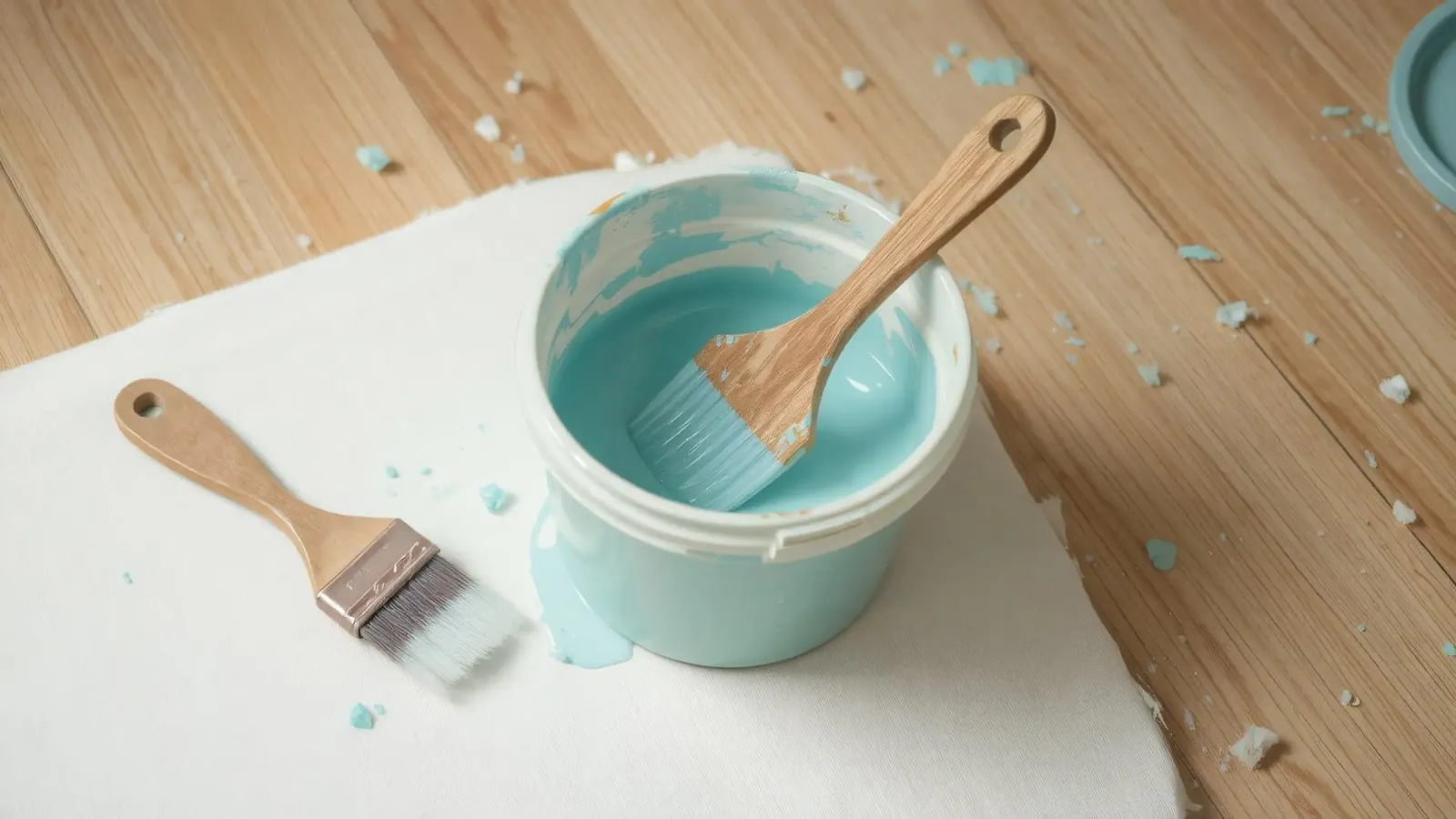 Un pincel de madera descansa en un bote de pintura azul junto a una brocha pequeña metacrilato de DesignDoodle