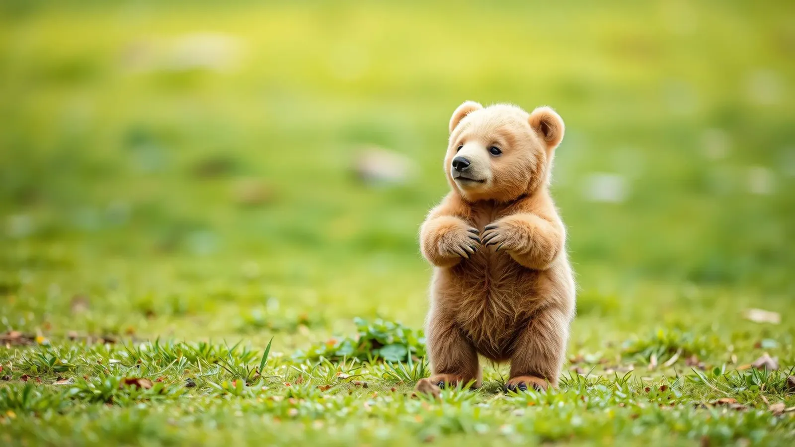 Un tenero cucciolo di orso bruno si regge su due zampe in un campo verde e rigoglioso pellicola backlit da DesignDoodle
