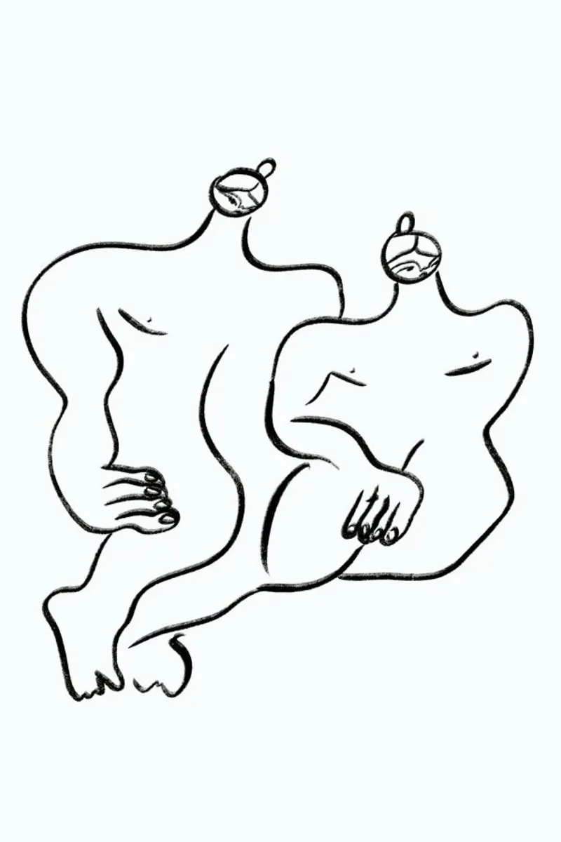 Two Girls sitting poster con marco de madera de Nudes and Croissants