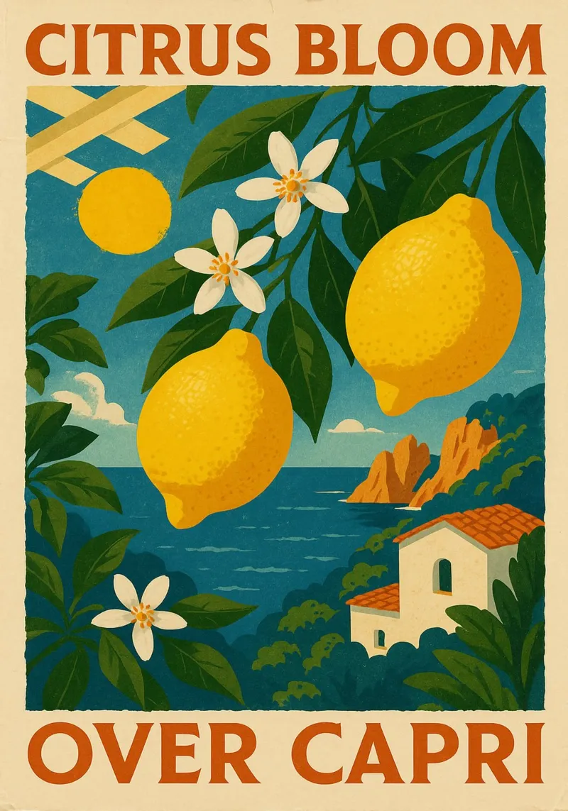 Citrus Blossoms Above Capri poster con telaio in plastica da Mosaic Dialogue