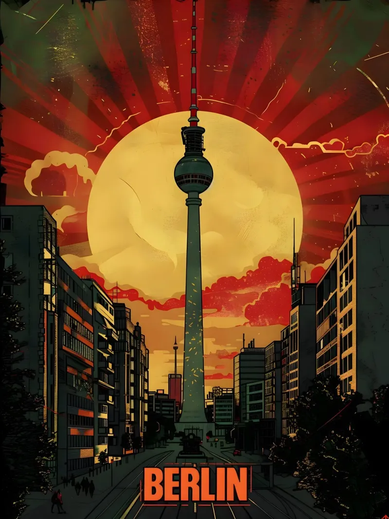 Berlin Fernsehturm Sonnenuntergang poster con telaio in legno da Vintage Travel Art