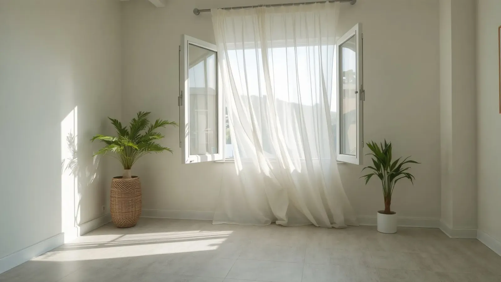 Sonnenlicht strömt durch offene Fenster in einen hellen Raum Hahnemühle von DesignDoodle