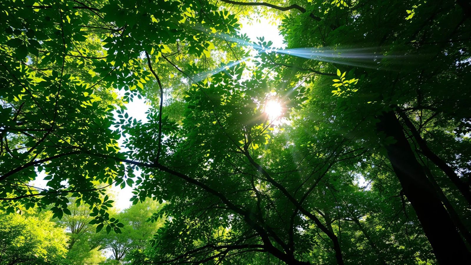 Sunlight filtering through dense green trees in calm hahnemühle by DesignDoodle