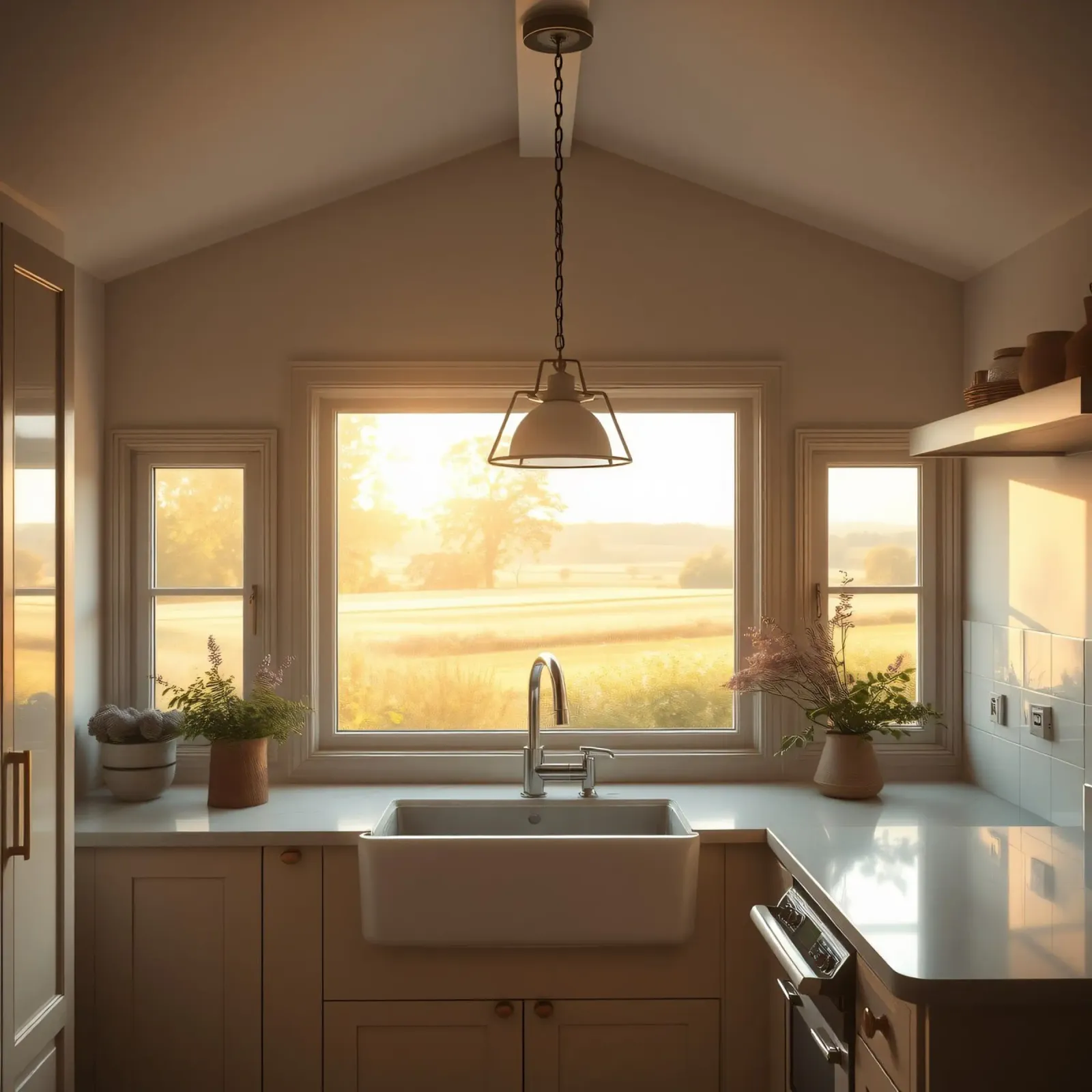 La calda luce del sole riempie una cucina accogliente con una splendida vista poster da DesignDoodle