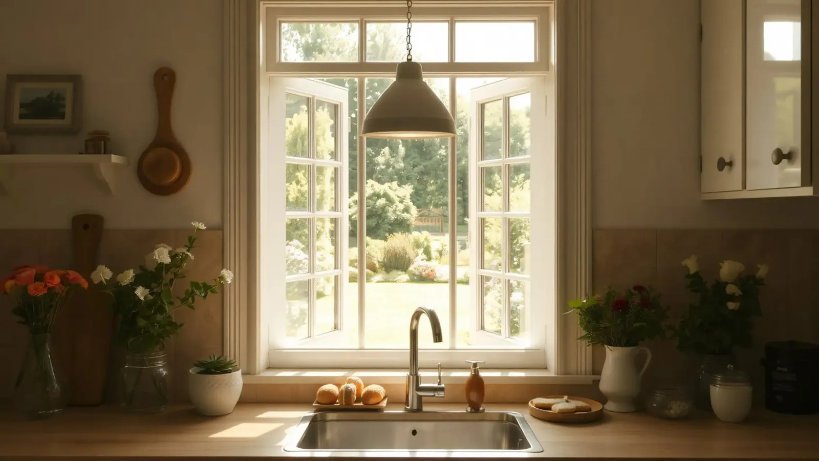 Cucina luminosa con finestre aperte su un giardino illuminato dal sole carta hahnemühle da DesignDoodle