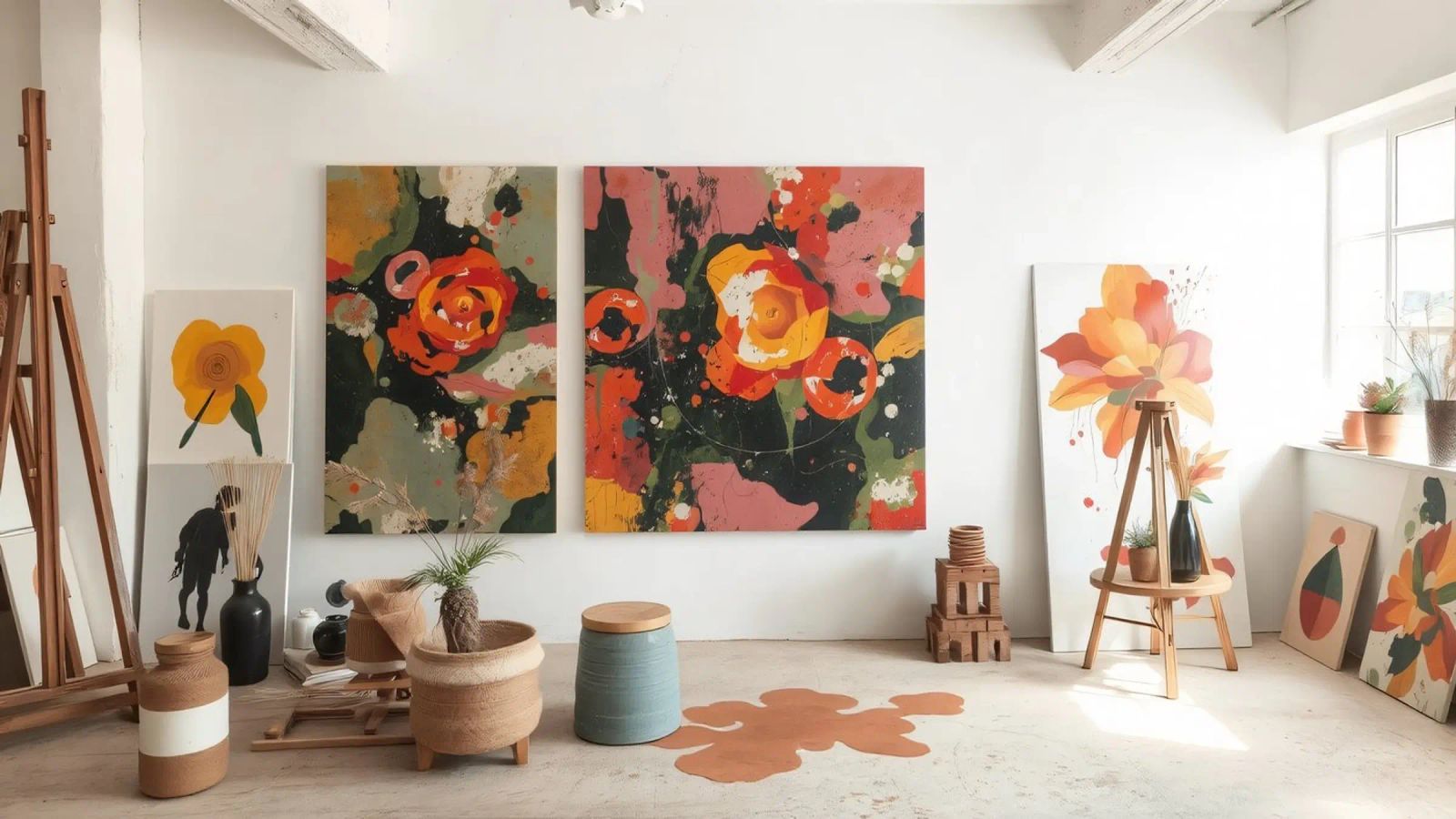 Helles und farbenfrohes Kunstatelier mit Blumengemälden und Cre Poster von DesignDoodle