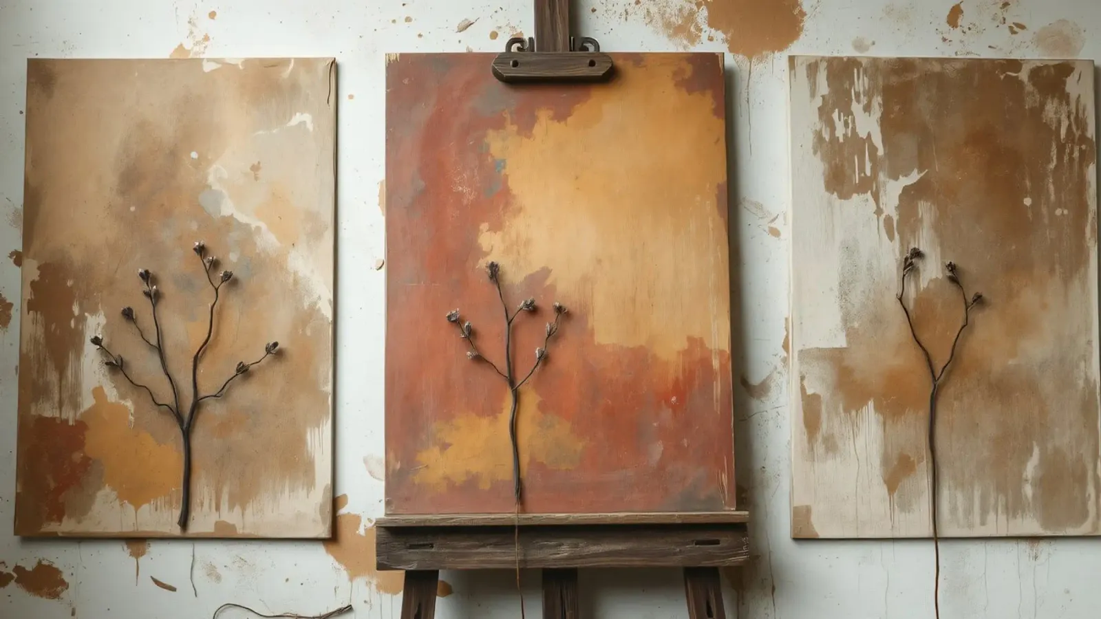 Peintures abstraites d'arbres exposées sur des chevalets dans un atelier d'art hahnemühle de DesignDoodle