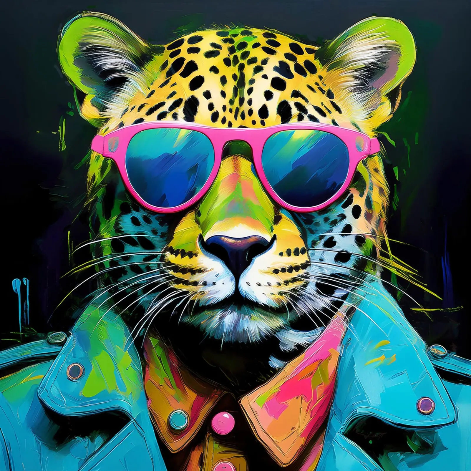 Leopard Pop Art con occhiali da sole in colori neon pellicola backlit da Take Your Art BV