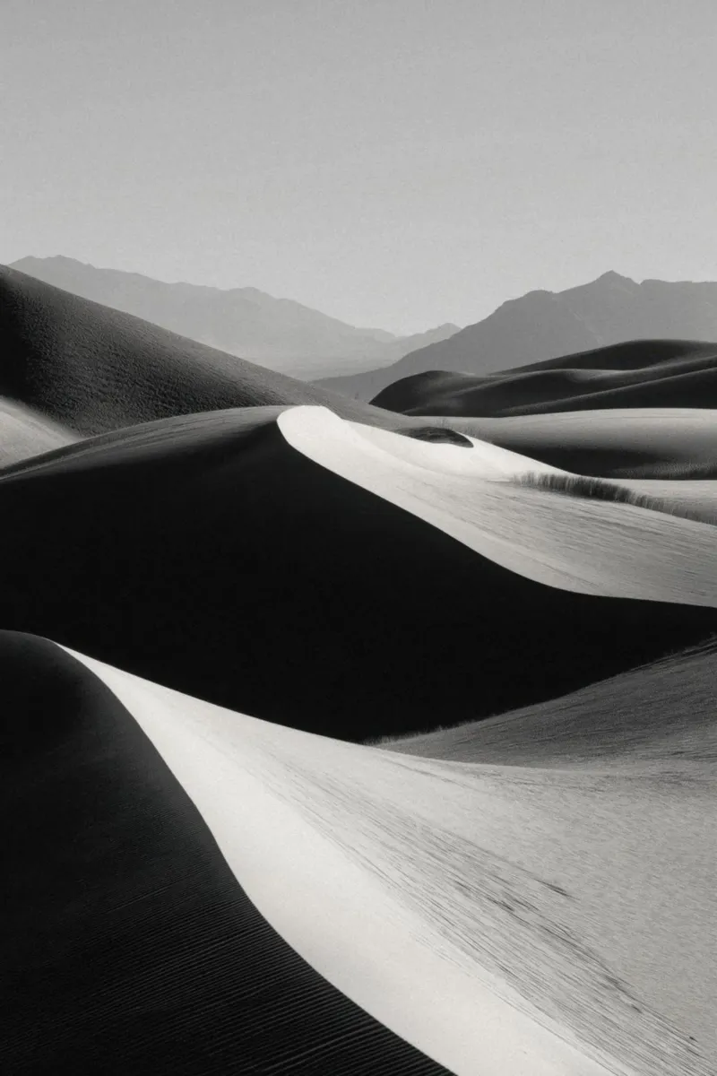 Paesaggio di dune di sabbia in bianco e nero pellicola backlit da Indigo Tides Art