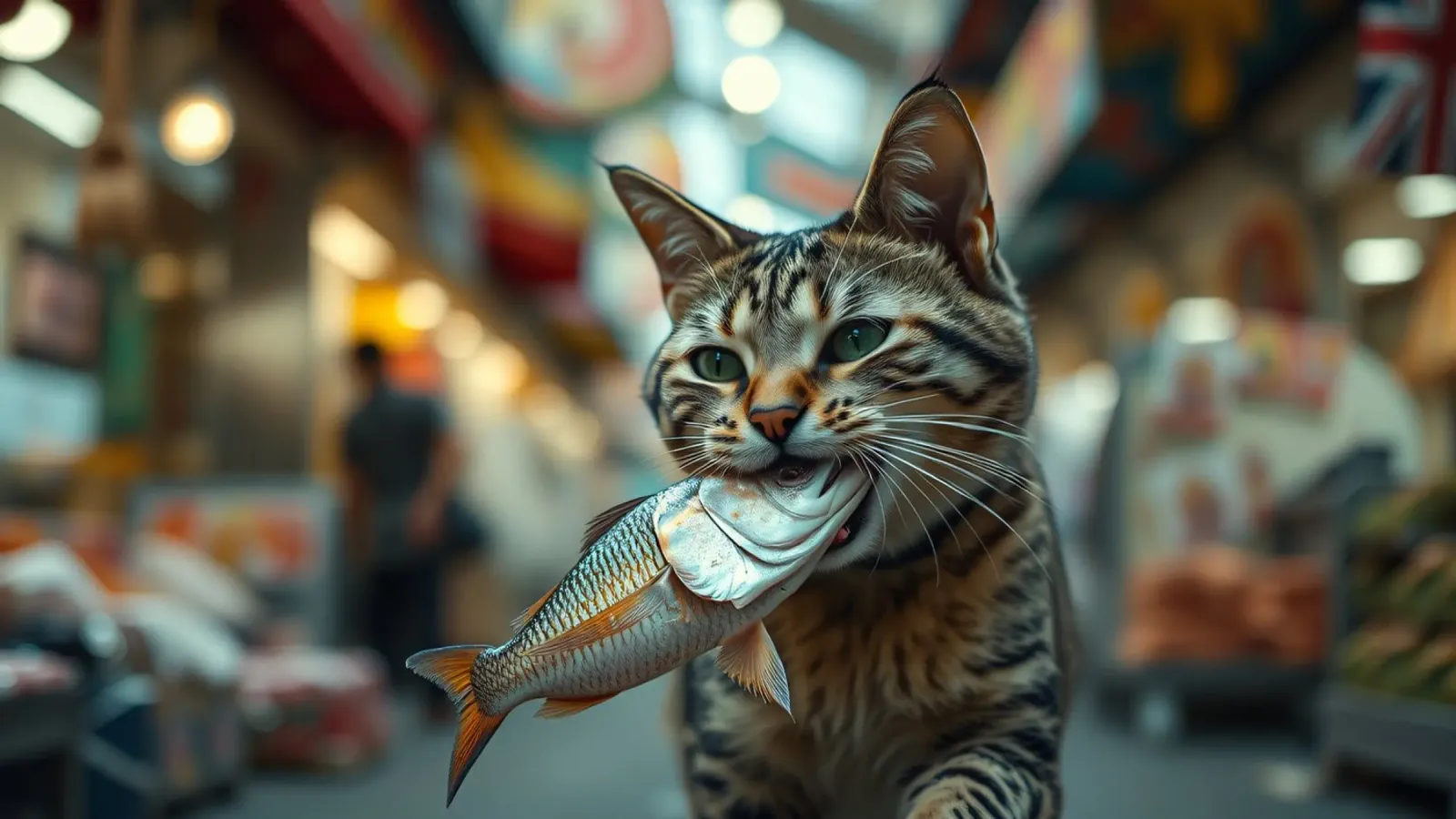 Un gatto trasporta con orgoglio un pesce in un mercato affollato pannello forex da DesignDoodle