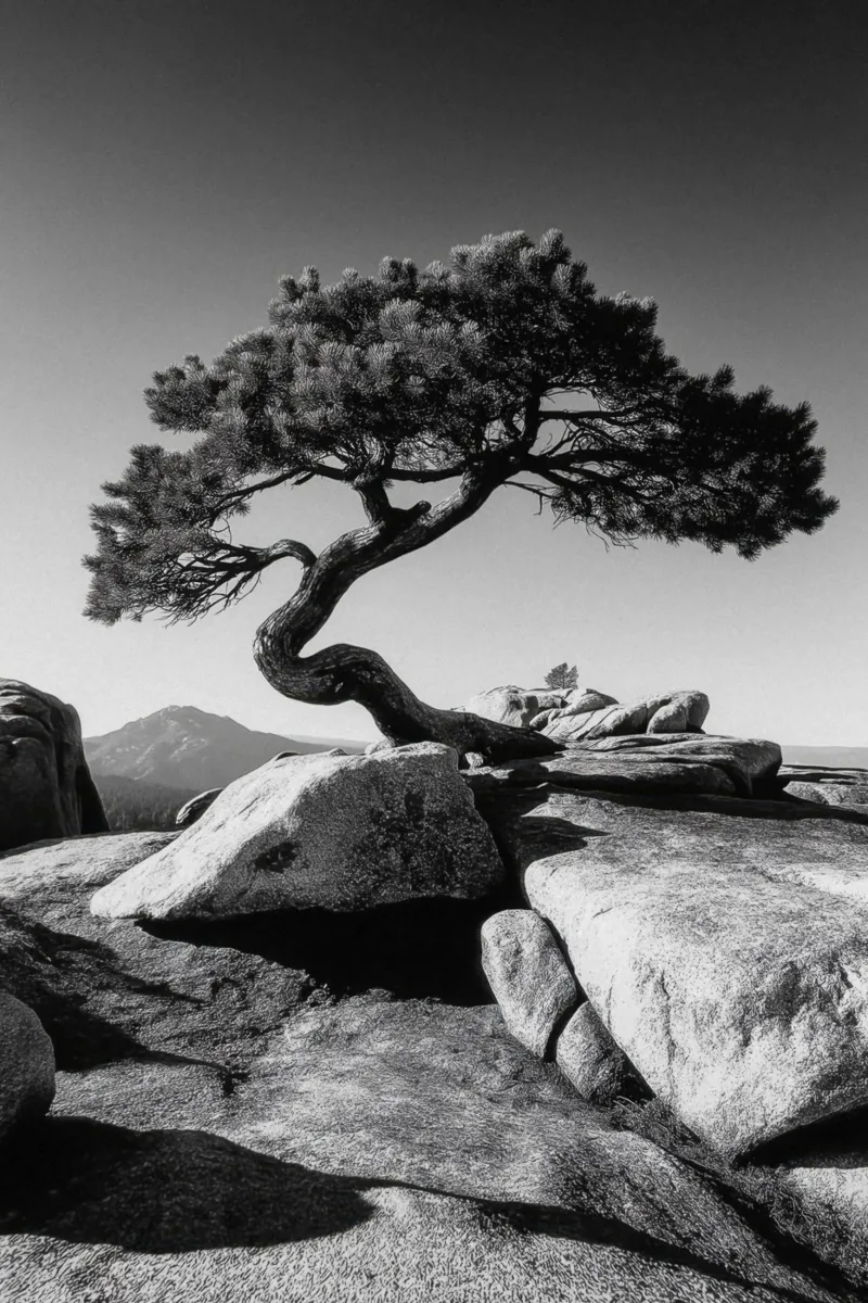 Albero in bianco e nero sulla cima di una montagna pellicola backlit da Indigo Tides Art