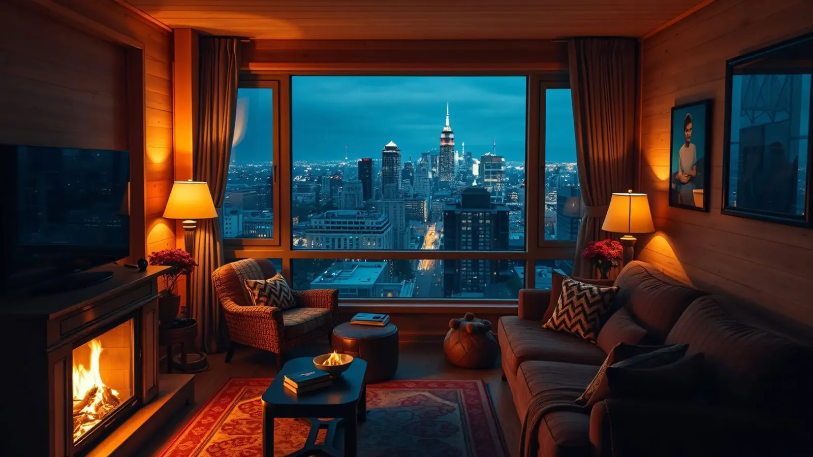 Gezellige woonkamer met uitzicht op de skyline van de stad bij schemering canvas met Baklijst van DesignDoodle