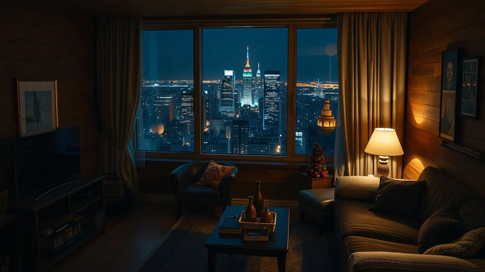 Vue de la ville depuis le salon d'un appartement confortable, la nuit hahnemühle de DesignDoodle