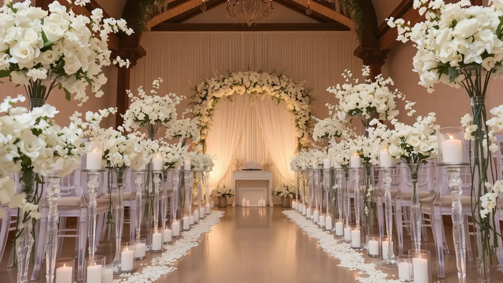 Elegante cerimonia di matrimonio al chiuso con decorazioni floreali bianche poster da DesignDoodle