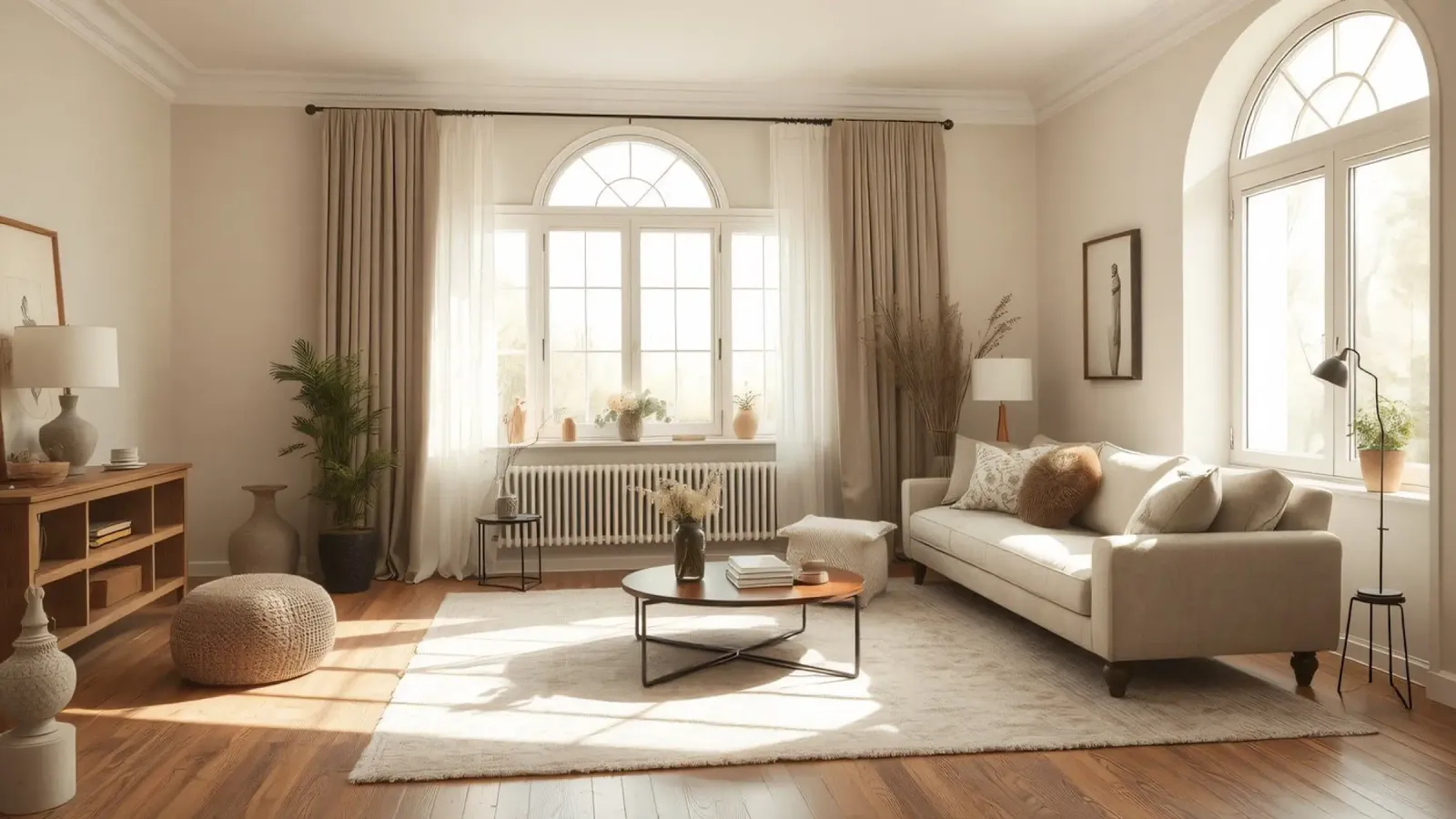 Gezellige woonkamer met grote ramen en warm zonlicht canvas van DesignDoodle