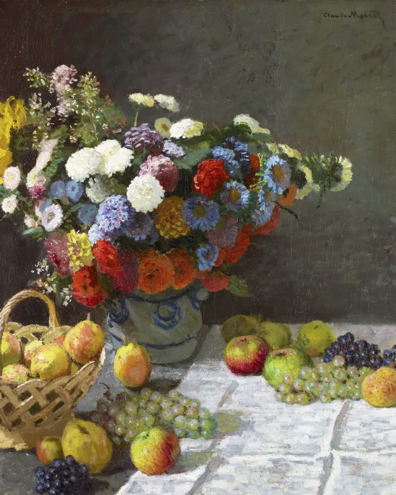 "Natura morta con fiori e frutta (1869) di Claude Monet pellicola backlit da Pretty Flowers Vintage Botanicals